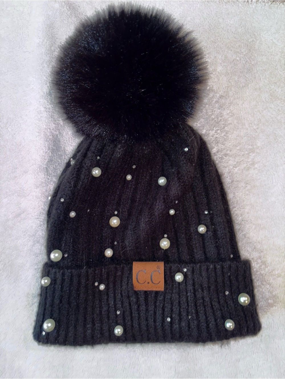 C.C Women’s  Black Pearl-Embellished Rhinestone Pom Beanie